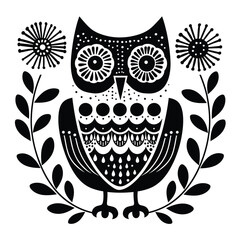 Fototapeta premium Black and white illustration of a patterned owl with floral elements on a white background.