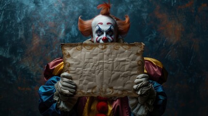 Fototapeta premium A scary clown in dark background holding a blank paper for copy space