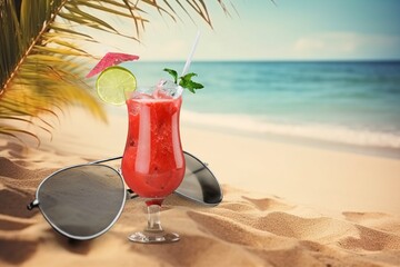 Tasty cold exotic cocktail on sand beach