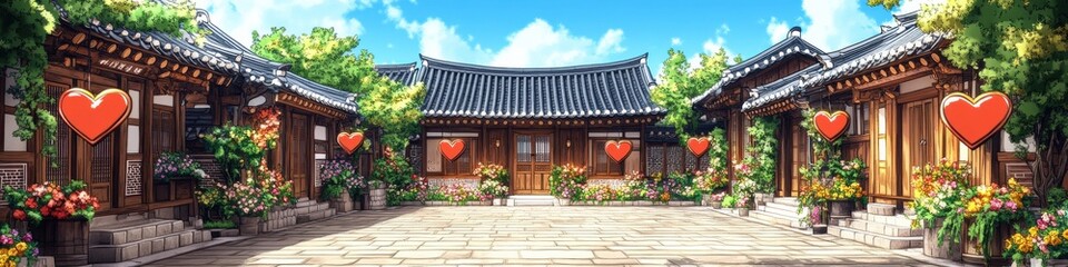 Traditional Korean Courtyard with Wooden Buildings Adorned with Red Hearts. Scenic and Serene Outdoor Setting with Blue Sky