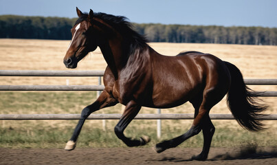 A brown horse with a white blaze runs towards the camera in a field on a sunny day