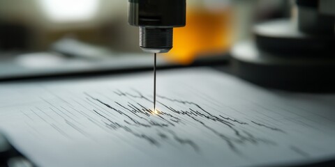 a seismograph recording an earthquake, with the needle tracing jagged lines on the paper, indicating seismic activity