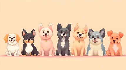 Fototapeta premium Vibrant Cartoon Dogs of Various Breeds on Pastel Background