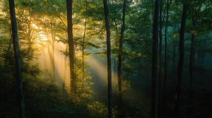 Obraz premium Golden Rays of Dawn Light Filtering Through a Dense Forest