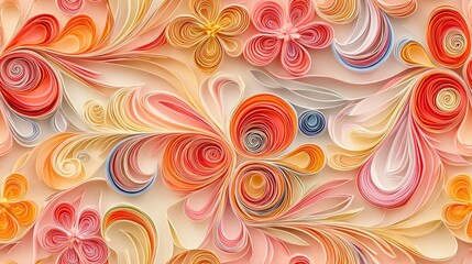 A vibrant and intricate design featuring swirling patterns and floral shapes made from rolled paper strips in shades of red, orange, pink, and blue.