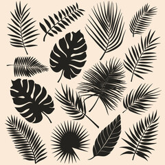 A collection of various black tropical leaves in silhouette on a beige background.