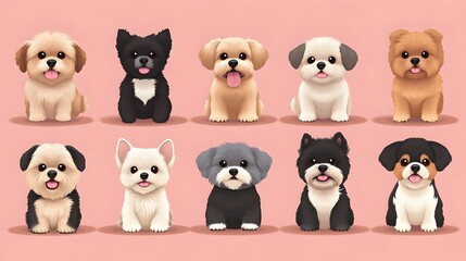 Obraz premium Colorful Cartoon Style Dogs of Various Breed Characters on Pastel Background