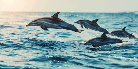 Pod of dolphins navigating and jumping through the sea