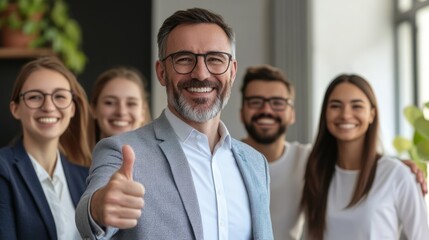 A CEO or Business manager giving a thumbs up, Congratulation concept with employee in a modern office, Happy teamwork members around, emphasizing positive feedback and encouragement.