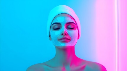 Serene Woman Applying Rejuvenating Cooling Gel Mask in Futuristic Spa Setting