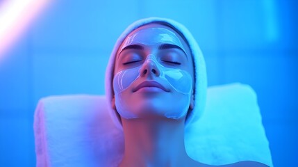 Serene Woman Applying Rejuvenating Gel Mask in Futuristic Spa Setting