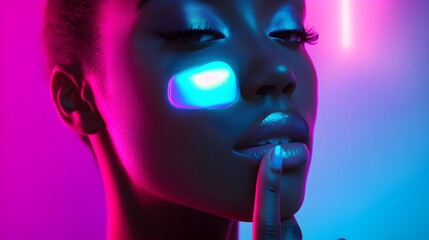 Woman's Hand Applying Futuristic Holographic Serum on Cheek with Neon Lighting