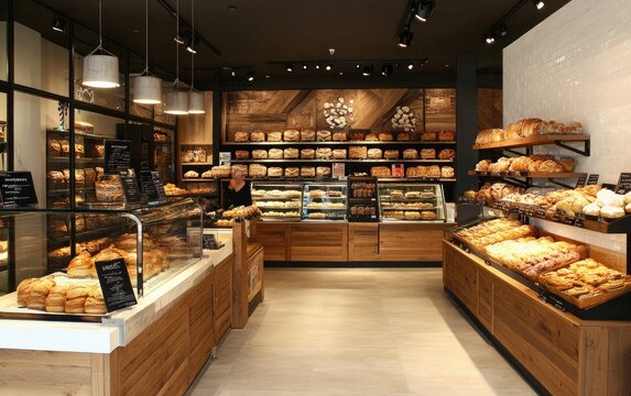 Modern Bakery Interior Featuring Fresh Bread and Pastries Displayed