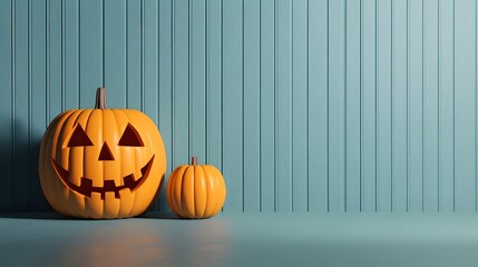 Obraz premium Spooky Halloween Stage Set with Carved Pumpkins and Animated Shadows in 3D