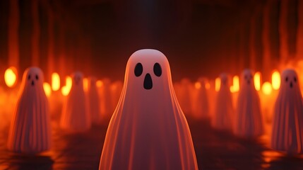 Haunting Halloween Stage with Ghostly Figures and Swirling Mist in 3D