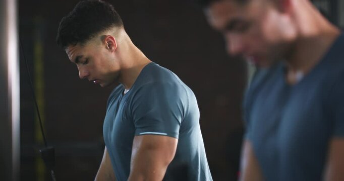 Fitness, mirror and man with cable machine at gym for bodybuilding, training or cardio. Reflection, exercise or guy bodybuilder with lat pull workout at sports studio for strength, wellness or muscle