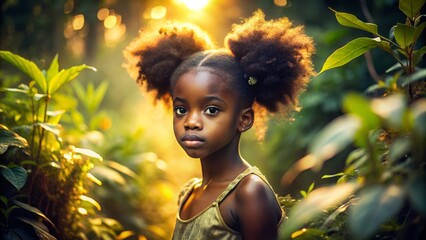 moody ethereal portraits of young black girls with vibrant afro puffs surrounded by lush greenery and soft golden backlight