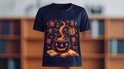 Mystical Witch's Cauldron and Spellbook T-Shirt Design with Halloween Branding