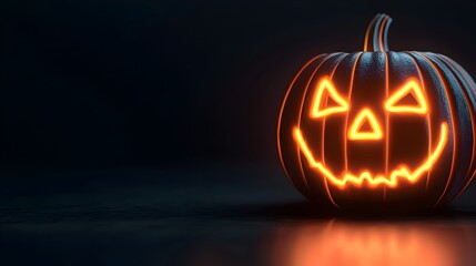Eerie Glowing Neon Pumpkin Face in Darkness with Copy Space