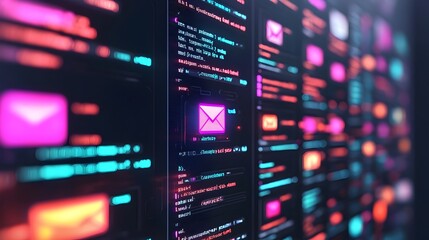 Futuristic Holographic Email Interface with Vibrant Glowing Screens and Selective Focus