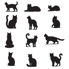 set of black cats silhouettes on white	