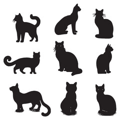 set of black cats silhouettes on white	