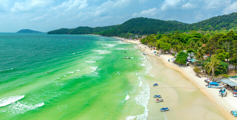 Aerial view of Phu Quoc Island Coastal Scenery (Khem Beach), Vietnam. Emerald Bay, a Popular...