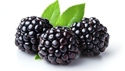 Three ripe blackberries with green leaves on a white background.