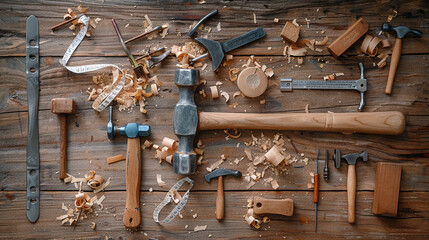Assorted hand tools neatly arranged on rustic wooden surface