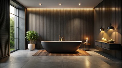 Fototapeta premium Mysterious Moody Dark Dramatic Minimalist Luxury Bathroom Interior with Black Matte Wall Accentuating Freestanding Tub Under Soft Warm Ambient Lighting