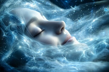 Fototapeta premium Peaceful Woman in a Dreamlike State Surrounded by Ethereal Light Capturing the Essence of Serenity and Inner Calm