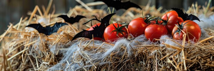 Naklejka premium Halloween-inspired display featuring fresh tomatoes on a hay bale decorated with black bats and cobwebs