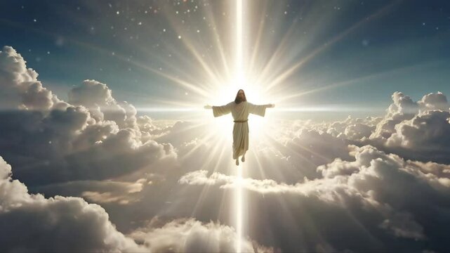 Jesus Christ rose and went to heaven, a stretch of white clouds towards heaven. The light of heaven penetrated the white clouds. Seamless 4K looping timelapse video animation background