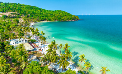 Aerial view of Phu Quoc Island Coastal Scenery (Khem Beach), Vietnam. Emerald Bay, a Popular...