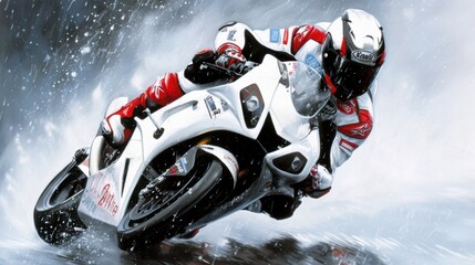 Motorcycle Racer Leaning Through Rainy Track Curve