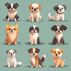 Obraz premium Cute and Diverse Cartoon Puppies in Pastel Colored Background