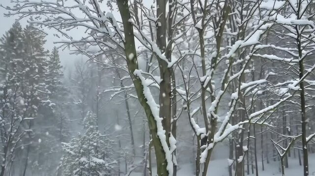 Frozen Serenity: Snowfall Embracing a Row of Leafless Trees