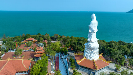 Aerial view of Ho Quoc pagoda in Phu Quoc island, Kien Giang, Vietnam, with Guan Yin statue...
