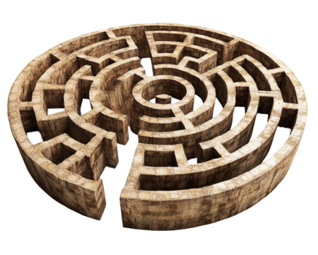 A detailed aerial view of a large, circular maze made of stone, showcasing intricate pathways and a central exit point. - Powered by Adobe