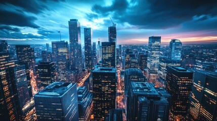 Cityscape at Dusk with Illuminated Skyscrapers