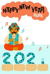 2025年巳年年賀状　コミカルな蛇使いのイラスト
