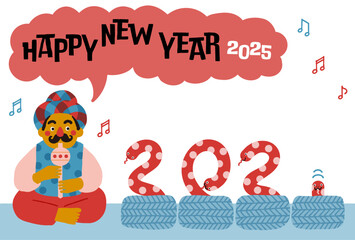 2025年巳年年賀状　コミカルな蛇使いのイラスト