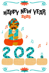 2025年巳年年賀状　コミカルな蛇使いのイラスト
