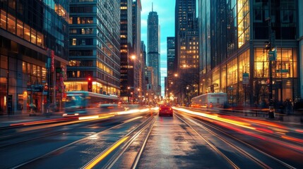 City Street with Light Trails and Tall Buildings at Night