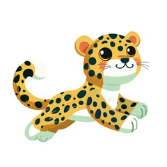 Jaguar cute childish  cartoon illustration. Vector cheetah is running  isolated on white background Flat design element