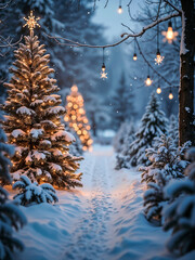 fondo con arbos de pino navideño decorado con luces, en bosque frio con nieve