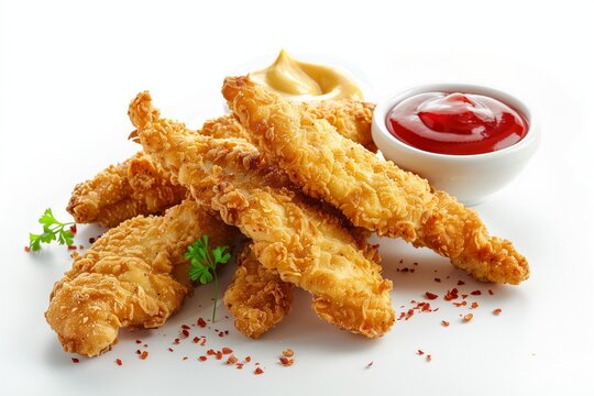 Crispy fried chicken tenders served with ketchup and mustard on a clean white background for a fresh culinary appeal