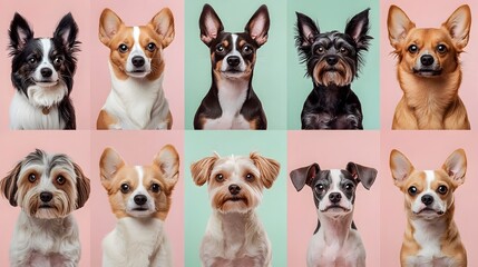 Assorted Portraits of Various Dog Breeds on Vibrant Pastel Backgrounds