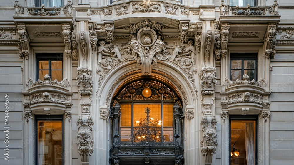 Poster ornate architectural detail of a building facade with ornate window and a glimmer of light inside