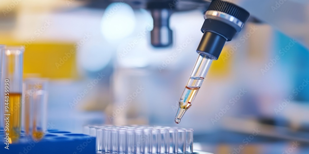 Poster a pipette transferring a liquid sample to a test tube, with lab devices visible in the background